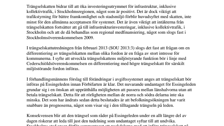 Remissvar om förändrad trängselskatt antaget i Stockholms stads miljö- och hälsoskyddsnämnd