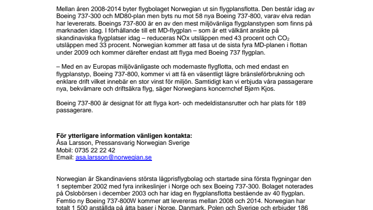 Nytt och mer miljövänligt flygplan landar hos Norwegian 