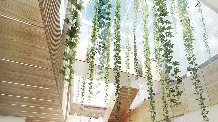Målet med en biofilisk designstrategi er at naturen skal inkluderes i bygget, både dirkete og indirekte, for å fremme trivsel, helse og velvære. Ill: Dansk Center for Partikelterapi/LINK Arkitektur. 