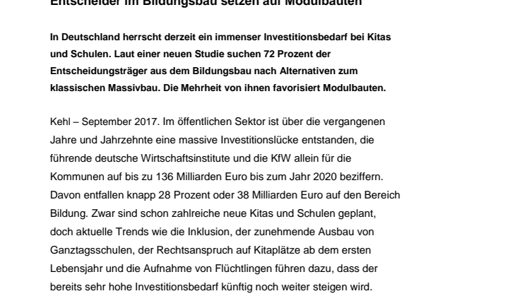 Neue Studie:  Entscheider im Bildungsbau setzen auf Modulbauten