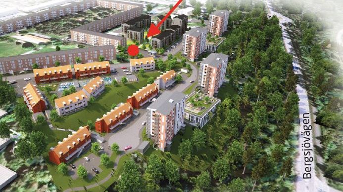 Så här kan området kring Merkuriusgatan komma att se ut. Pilen visar mötesplatsen.