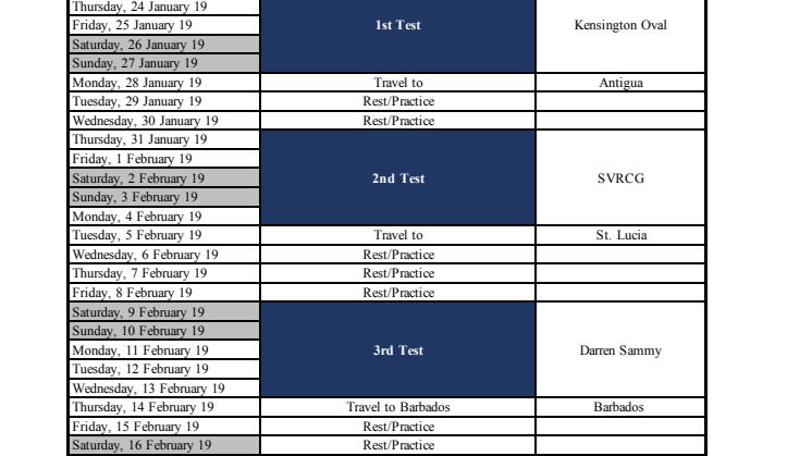 England to West Indies 2019 Schedule