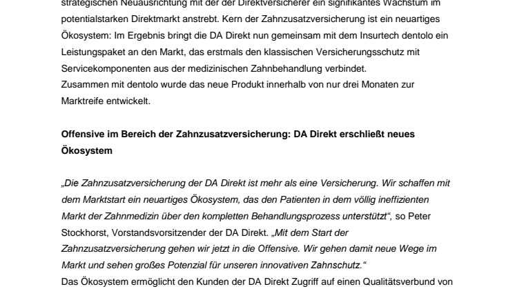 Wachstumsoffensive: DA Direkt startet mit einzigartigem Ökosystem in das Segment Zahnzusatzversicherung