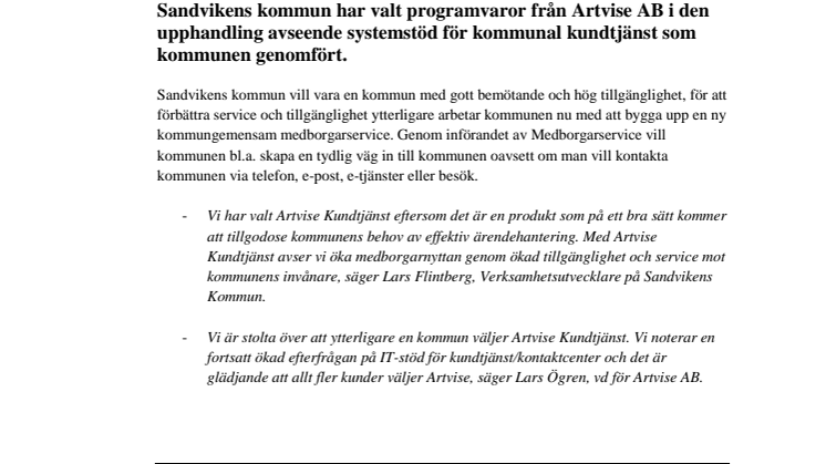 Artvise AB får order av Sandvikens kommun gällande Artvise Kundtjänst!