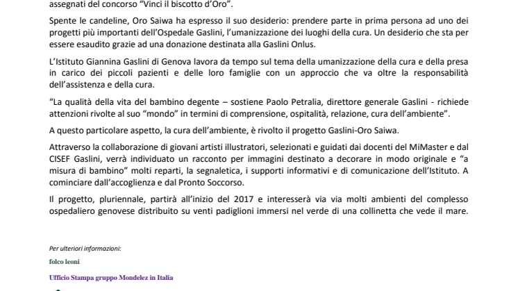 Oro Saiwa per il Gaslini