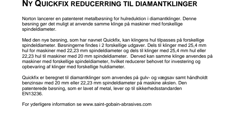 Ny Quickfix reducerring til dimantklinger