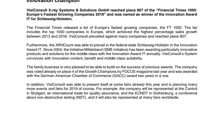 VisiConsult named one of Europe’s fastest growing companies and innovation champion 