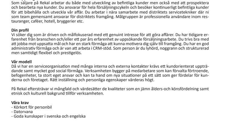 Rekal söker säljare i Stockholm