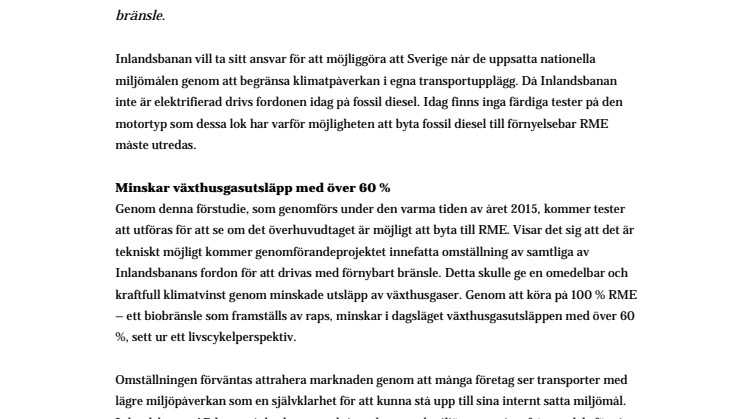 Inlandsbanan testar förnyelsebart bränsle