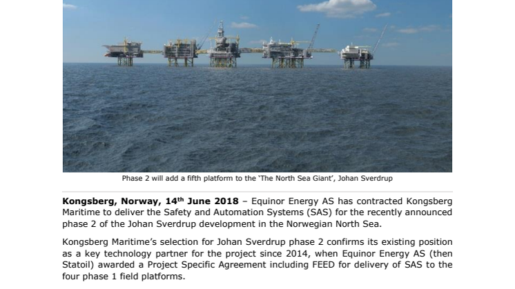 Kongsberg Maritime: Equinor chooses KONGSBERG for Johan Sverdrup Phase 2 Safety and Automation Technology