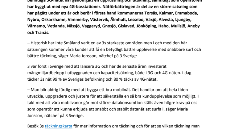 3s kunder får bättre täckning i Småland