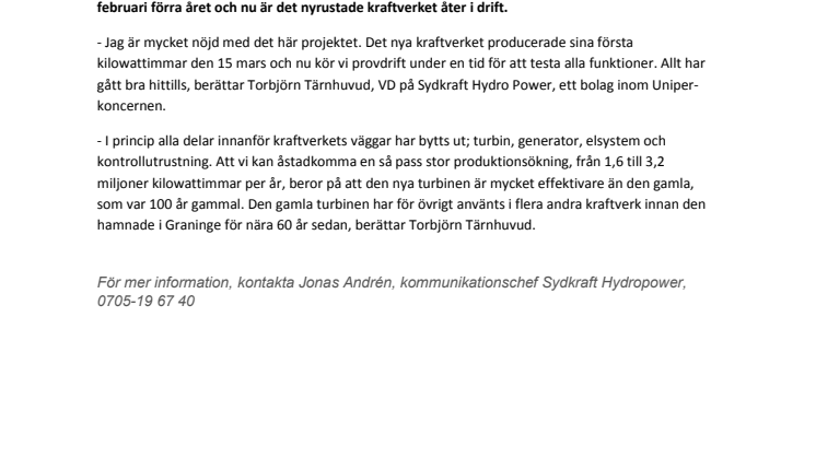 Dubbelt så mycket förnybar el med ny turbin och ny generator i Graninge vattenkraftverk