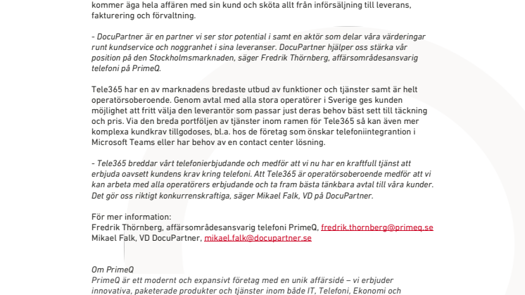 Pressmeddelande PrimeQ Docupartner