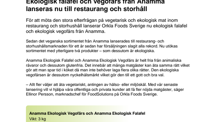 ​​Ekologisk falafel och vegofärs från Anamma lanseras nu till restaurang och storhushåll