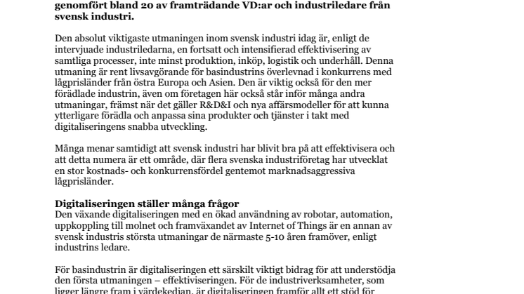 Ökat fokus på effektivisering och digitalisering - 20 ledare eniga om industrins främsta utmaningar