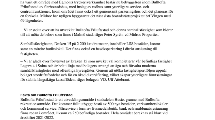 Midroc säljer samhällsfastighet i Bulltofta Friluftsstad