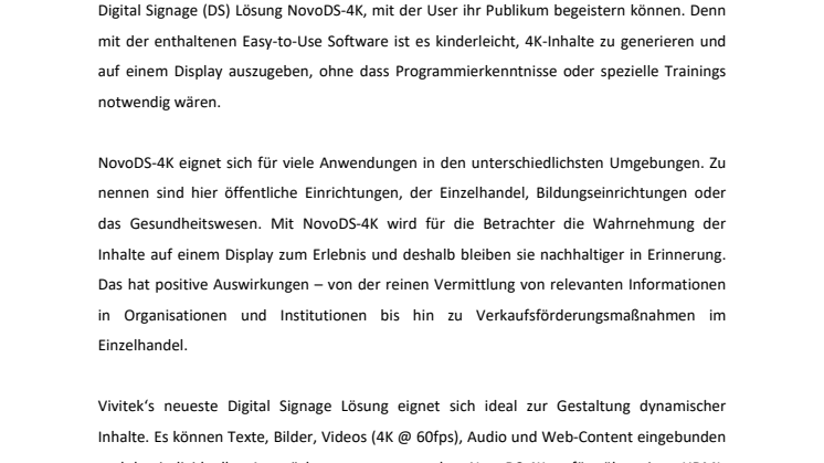 VIVITEK NOVODS-4K ERWECKT DIGITAL SIGNAGE ANWENDUNGEN ZUM LEBEN