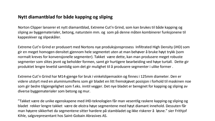 Nytt diamantblad for både kapping og sliping