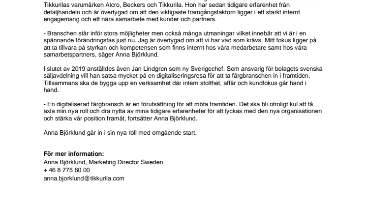 Anna Björklund går in som ny marknadsdirektör för Tikkurila 