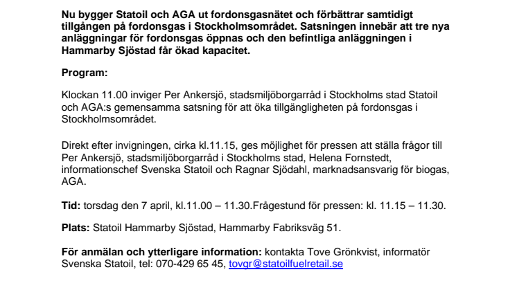 PRESSINBJUDAN: Mer fordonsgas i Stockholm med start i Hammarby Sjöstad