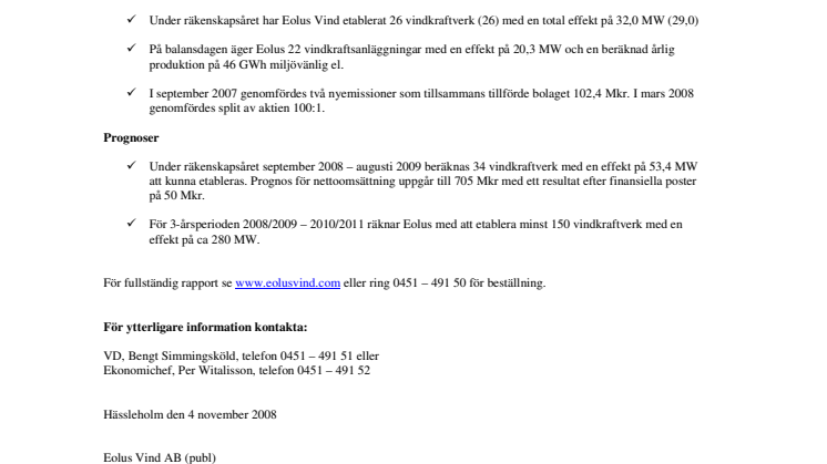 Eolus Vind AB (publ) pressmeddelande bokslutskommuniké 4 November 2008