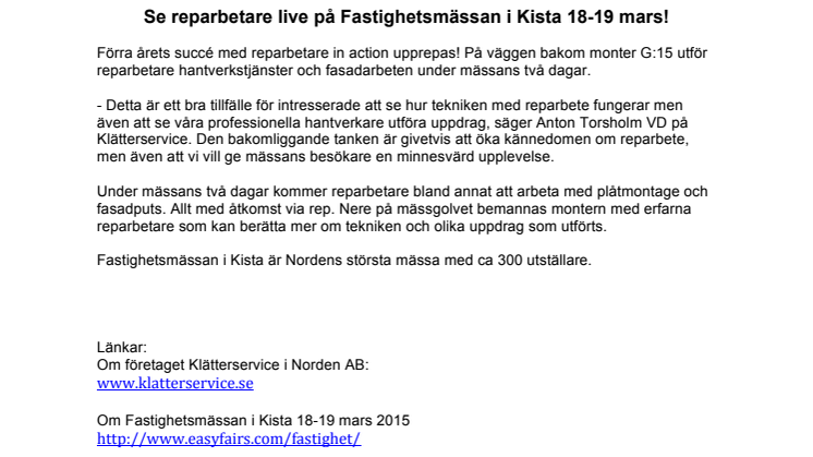 Se reparbetare live på Fastighetsmässan i Kista 18-19 mars!