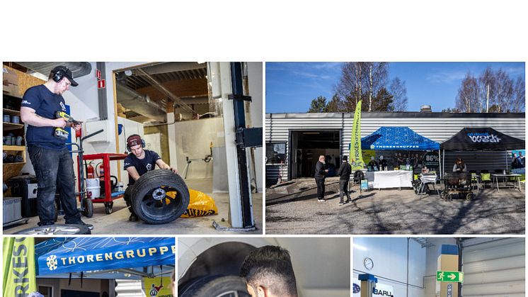 Både Yrkesgymnasiet i Umeå och i Skellefteå (längst ned till höger) körde däckbytardagar där pengarna gick till välgörande ändamål. Foto: Robert Ekblom/Thorengruppen