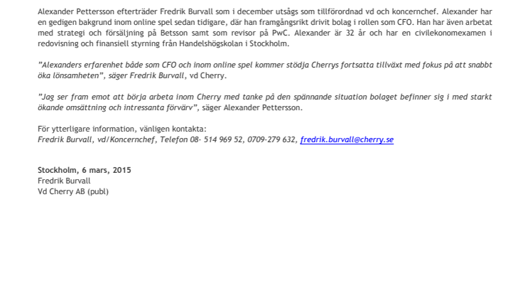 Alexander Pettersson har utsetts till ny CFO i Cherry