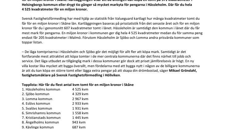 Ny kartläggning visar: Här får du mest tomt för pengarna  i Skåne – kommun för kommun