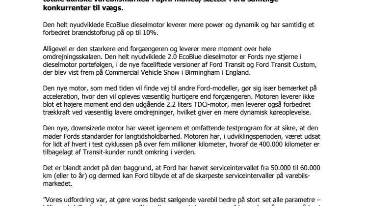 Ny Ford Transit hæver barren for power, effektivitet og brændstoføkonomi med de nye Euro VI dieselmotorer
