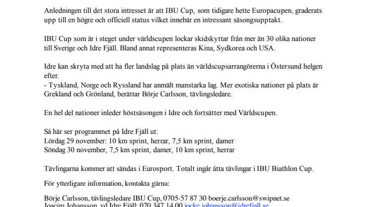 IBU Cup lockar skidskyttar från fler än 30 nationer till Idre Fjäll