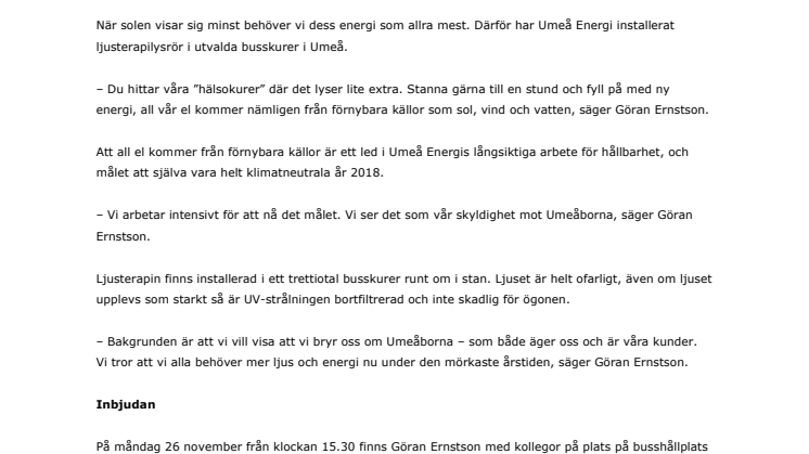Umeå Energi bjuder på ljusterapi i busskurer