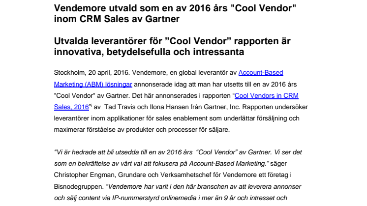 Vendemore utvald som en av 2016 års "Cool Vendor" inom CRM Sales av Gartner