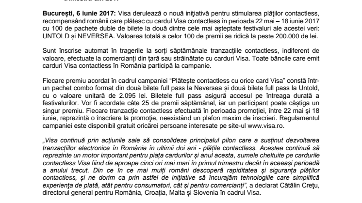 Visa răsplătește plățile contactless cu bilete la două dintre cele mai așteptate festivaluri ale verii