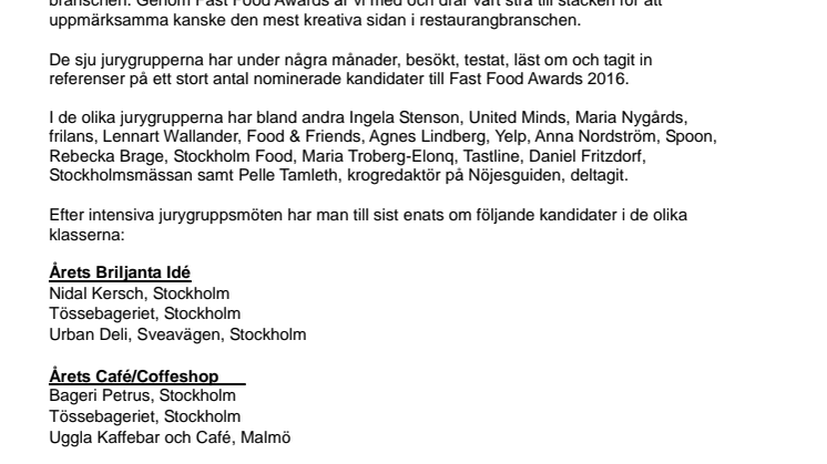 Fast Food Awards 2016 - Nyskapande finalister