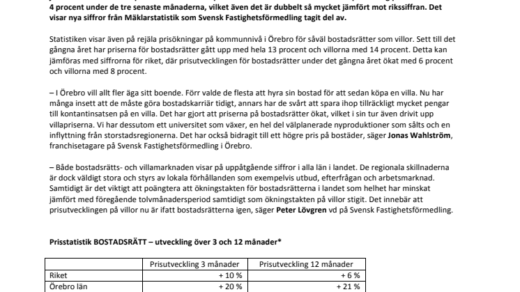 Stark prisuppgång på bostadsmarknaden Örebro