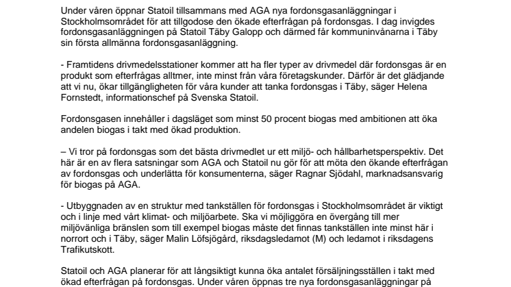 Statoil inviger Täbys första publika fordonsgasanläggning 