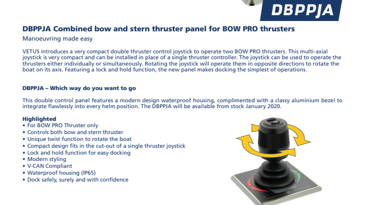 The VETUS DBPPJA combined bow and stern thruster panel for BOW PRO thrusters - Information Sheet
