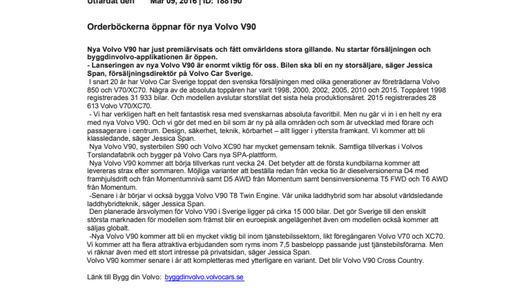 Orderböckerna öppnar för nya Volvo V90