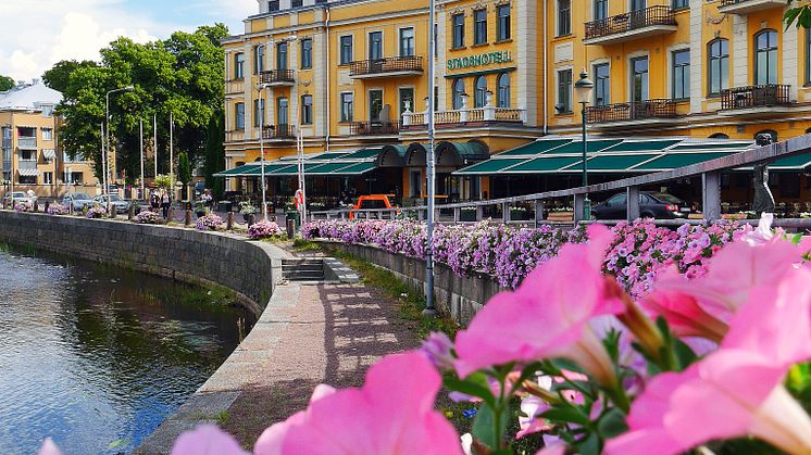 Stadshotellet med blommor i förgrunden