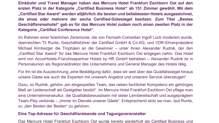 Bestes Geschäftsreisehotel: „Certified Star Award“ für das Mercure Hotel Frankfurt Eschborn Ost