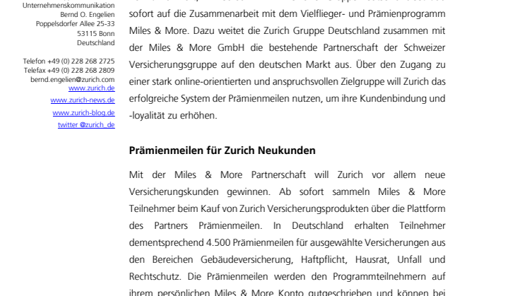 Zurich Gruppe Deutschland startet Partnerschaft mit Miles & More