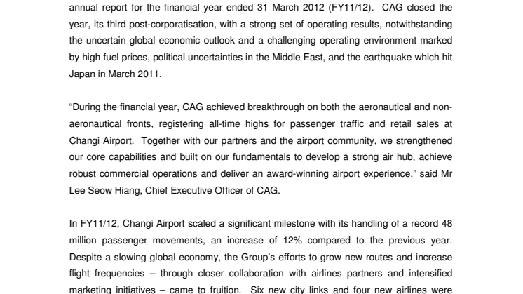 Changi Airport Group releases FY2011/12 Annual Report 