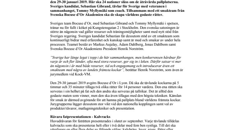 Sebastian Gibrand backas upp av Sverige bästa kockar inför Bocuse d´Or, Kock-VM