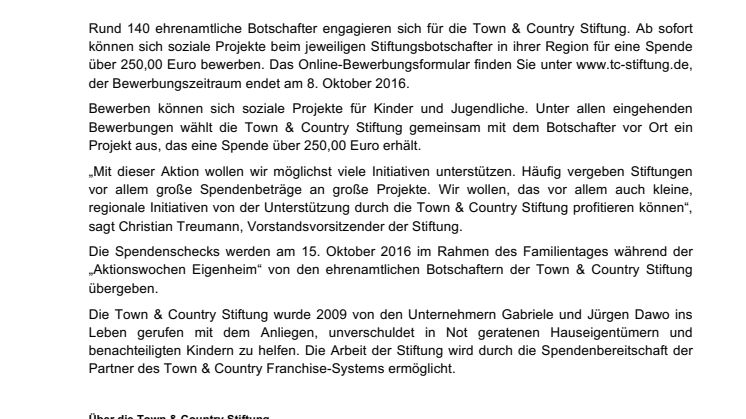 Jetzt bewerben! Town & Country Stiftung unterstützt soziale Projekte in ganz Deutschland 