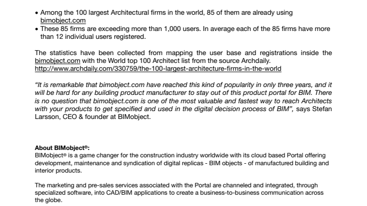 ​85 out of the world’s 100 largest Architecture firms are now using BIMobject Cloud