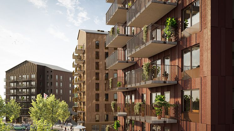 Tre nya hus som kommer att förändra bilden av Bäckby centrum. Illustration av Archus Arkitekter.