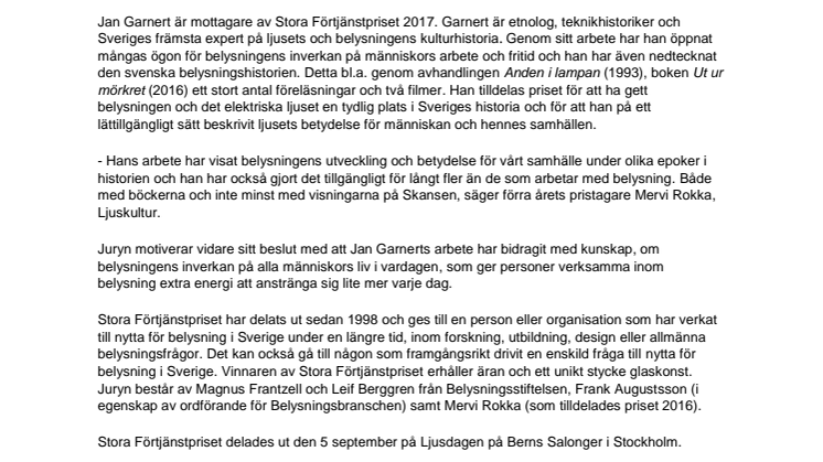 Jan Garnert mottagare  av Stora Förtjänstpriset 2017