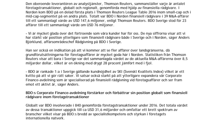 Höga placeringar för BDO i 2016 års M&A-statistik