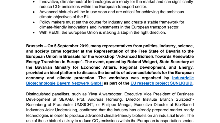 Advanced biofuels require a favourable legal framework in the EU
